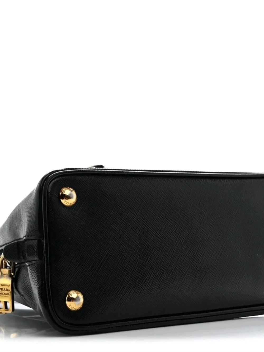 Prada Black Saffiano Leather Satchel tote bag with gold details